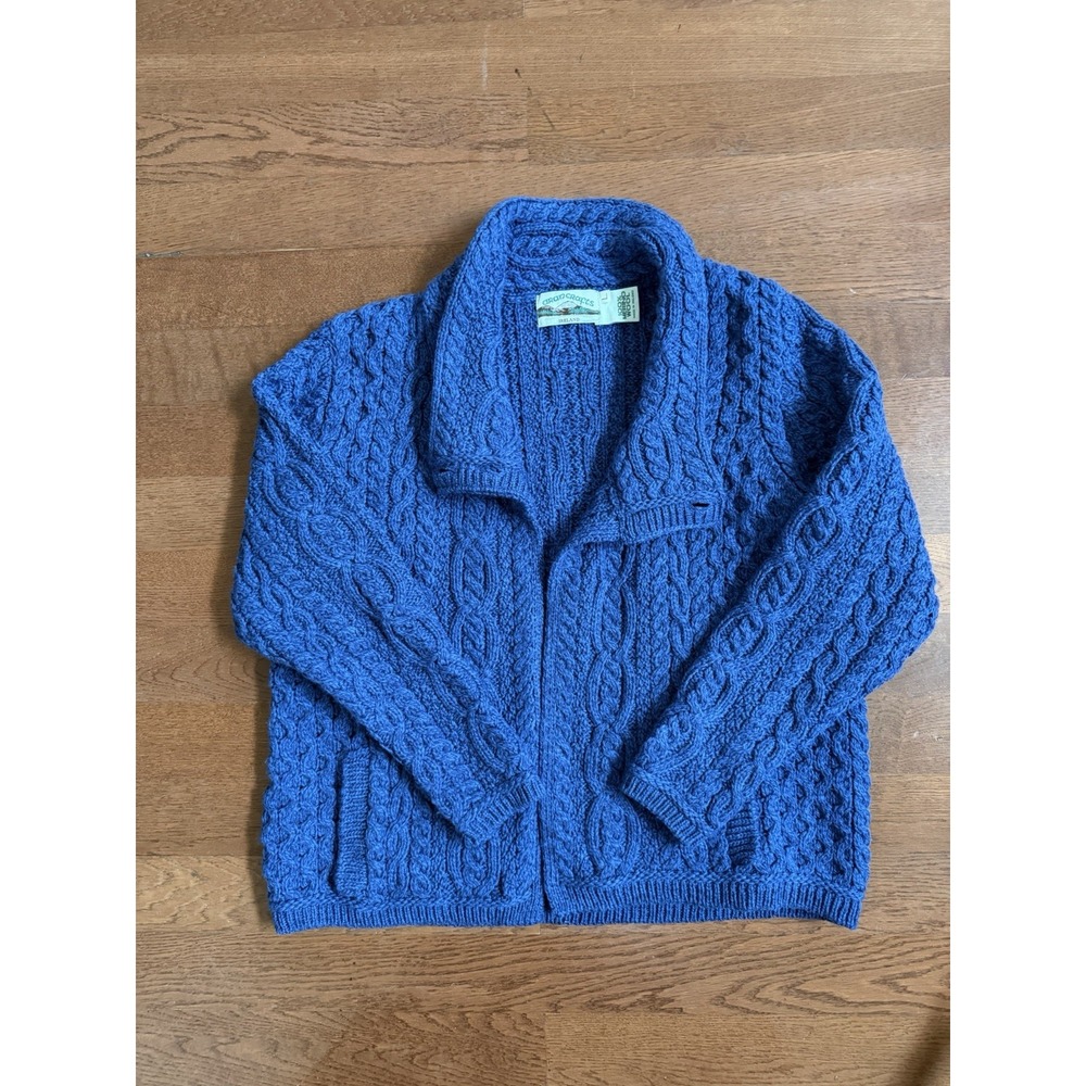 Aran Crafts Ireland Blue Cardigan Sweater 100% Merino Wool L Womens